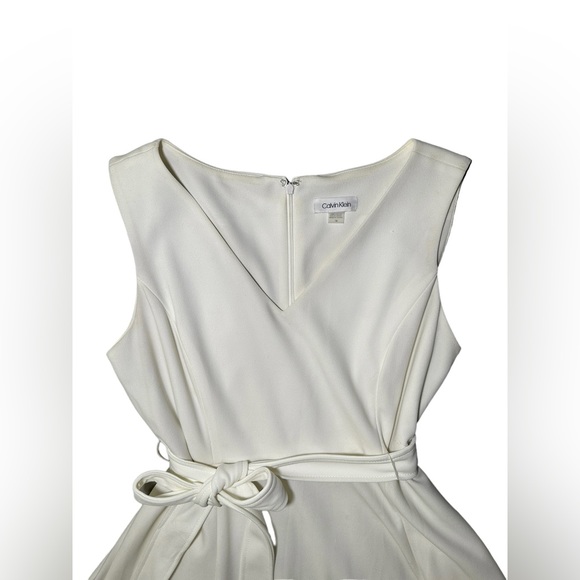 Calvin Klein V-Neck A-Line Midi Dress with Tie Belt Off-White color - size 14 - Picture 9 of 13